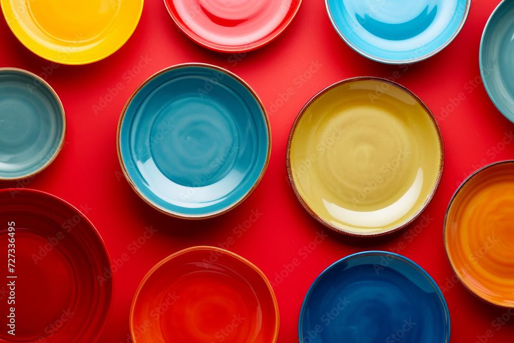 colorful plates composition on red background. set of color plate. Rainbow dishes. Set of different ceramic plates on red background, top view. A Bright and Cheerful Display of Ceramic Tableware colorful plates composition on red background. set of color plate. Rainbow dishes. Set of different ceramic plates on red background, top view. A Bright and Cheerful Display of Ceramic Tableware
