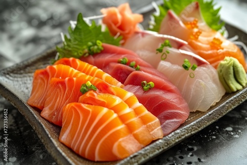 Sashimi Selection: Slices of raw fish, artfully presented with wasabi and pickled ginger