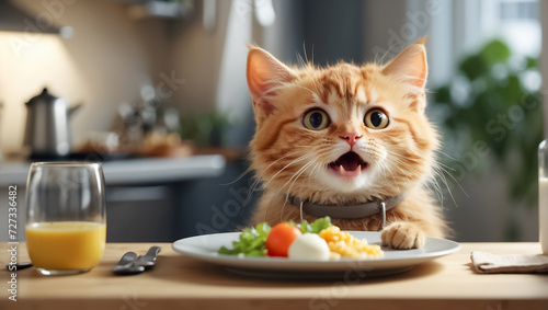 Cute cartoon cat sitting at the table in the kitchen