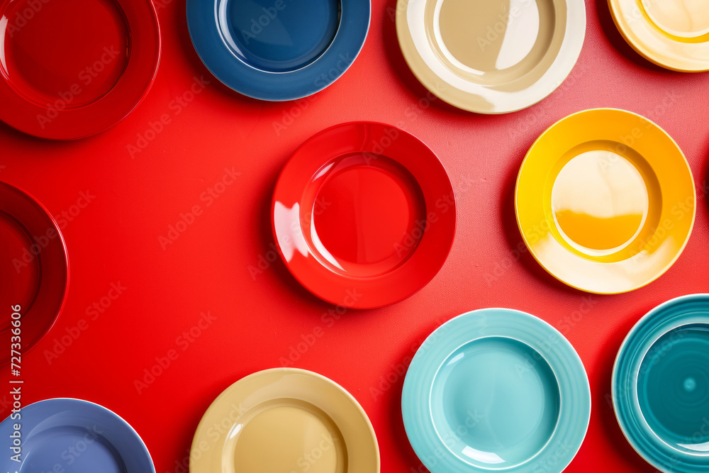 colorful plates composition on red background. set of color plate. Rainbow dishes. Set of different ceramic plates on red background, top view. A Bright and Cheerful Display of Ceramic Tableware colorful plates composition on red background. set of color plate. Rainbow dishes. Set of different ceramic plates on red background, top view. A Bright and Cheerful Display of Ceramic Tableware