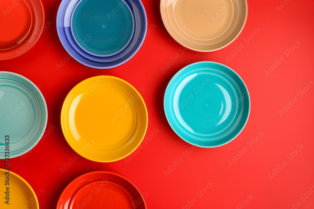colorful plates composition on red background. set of color plate. Rainbow dishes. Set of different ceramic plates on red background, top view. A Bright and Cheerful Display of Ceramic Tableware colorful plates composition on red background. set of color plate. Rainbow dishes. Set of different ceramic plates on red background, top view. A Bright and Cheerful Display of Ceramic Tableware