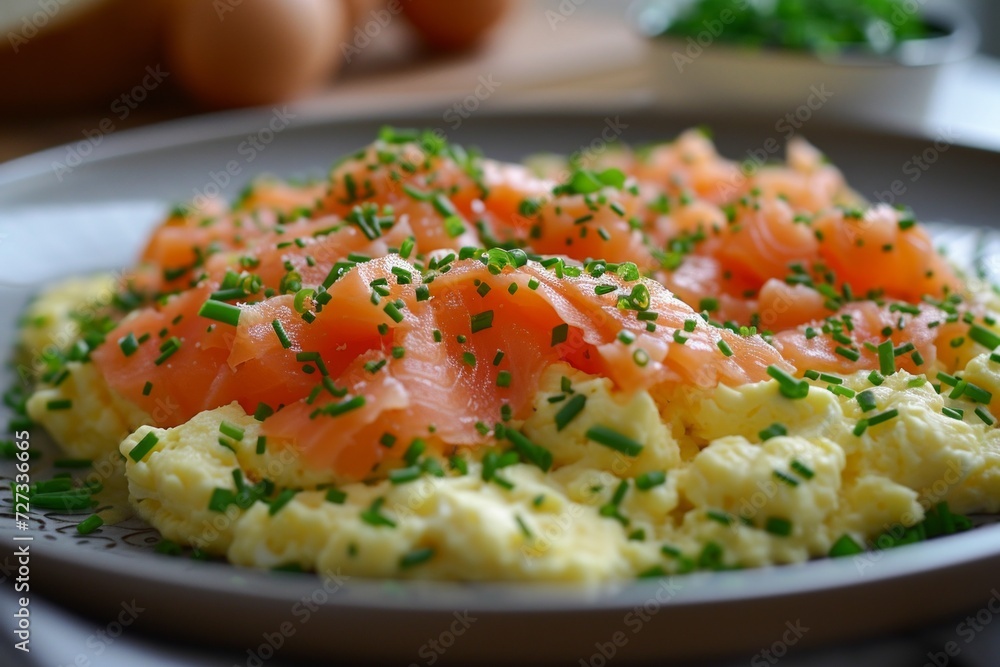 Scrambled eggs with smoked salmon, garnished with chives, a luxurious morning treat. Scrambled eggs with smoked salmon, garnished with chives, a luxurious morning treat.