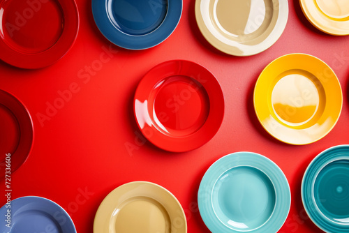 colorful plates composition on red background. set of color plate. Rainbow dishes. Set of different ceramic plates on red background, top view. A Bright and Cheerful Display of Ceramic Tableware