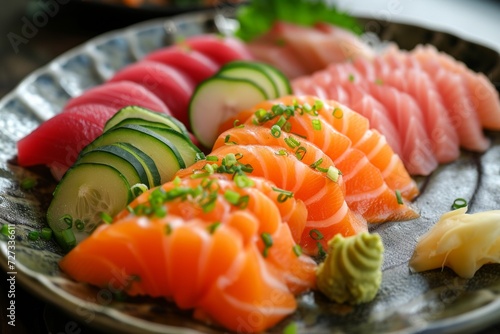 Sashimi Selection: Slices of raw fish, artfully presented with wasabi and pickled ginger