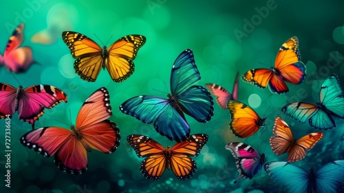 Playful butterflies in a kaleidoscope of colors  fluttering against a backdrop of emerald green.