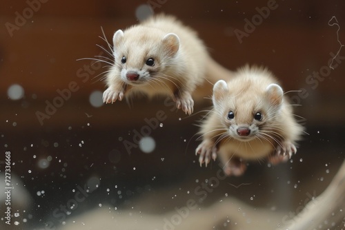 Playful ferret siblings tumbling over each other, their sleek bodies a blur of motion.