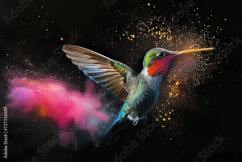 Animal hummingbird and holi powder explosion of colours
