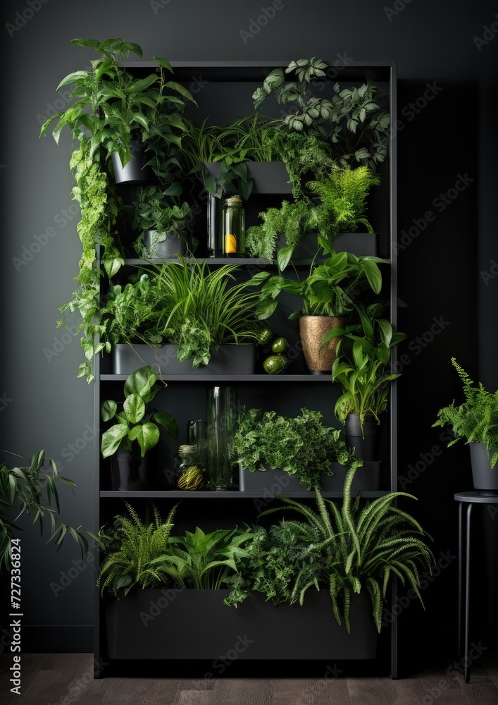 Fototapeta premium House gardening in the apartment. Scandinavian dark interior style. Generative Ai.