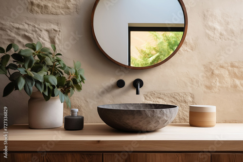 Stone vessel sink with mirror against textured stone wall in minimal bathroom in natural earth tones © colnihko