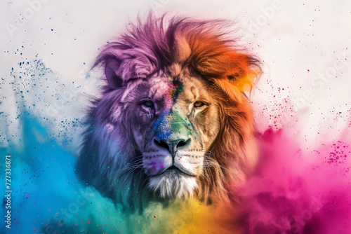 Animal lion and holi powder explosion of colours