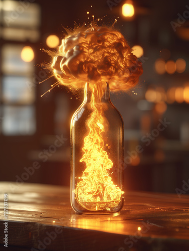 The power and intensity of a nuclear explosion, meticulously crafted inside the classic confines of a glass bottle.