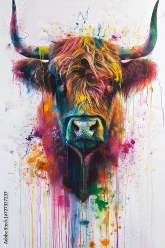 white background holi powder Scottish highlander cow with an explosion of colors 