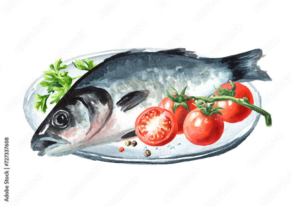 Fresh fish sea bass. Hand drawn watercolor illustration, isolated on white background Fresh fish sea bass. Hand drawn watercolor illustration, isolated on white background
