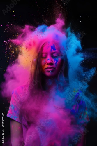 women person people holipowder color explosion powder black background