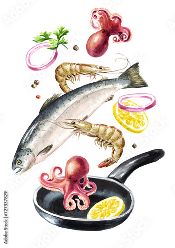 Bilde på lerret Seafood is tossed in a frying pan