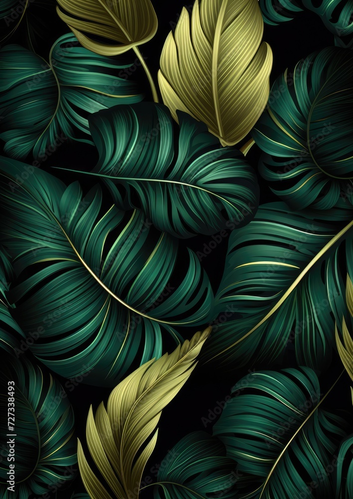 Wallpaper of exotic dark green leaves with different type of shades with gold. Generative ai.