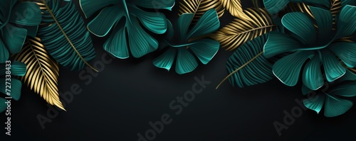Wallpaper of exotic dark green leaves with different type of shades with gold, panorama. Generative ai. photo