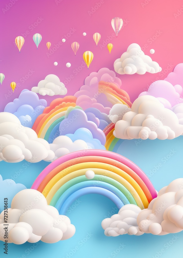 Obraz premium Abstract wallpaper of rainbow with clouds like baloons, pastel colors cartoon. Generative Ai.