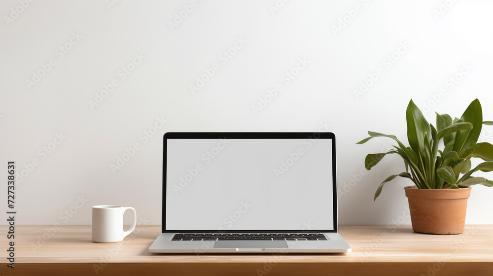 laptop with white screen on a desk, AI Generative. laptop with white screen on a desk, AI Generative.