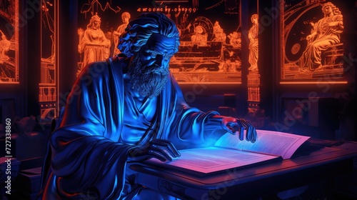 Neon-lit statues of Greek philosophical figures, blending classical wisdom with contemporary aesthetics.