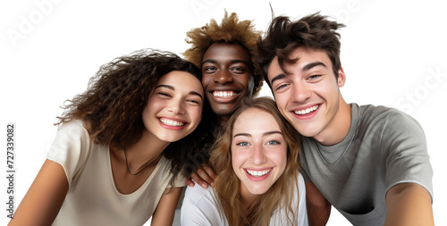 Hugging happy freshmen students of different nationalities, best friends, cut out. Multiracial concept photo