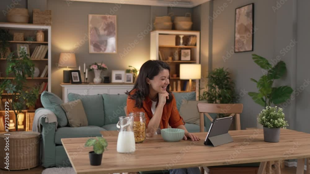 One woman use digital tablet have video call online at home One woman use digital tablet have video call online at home