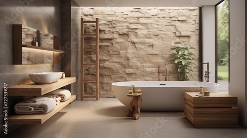 Create a minimalist zen bathroom with clean lines  neutral tones  and natural materials like stone and woodar