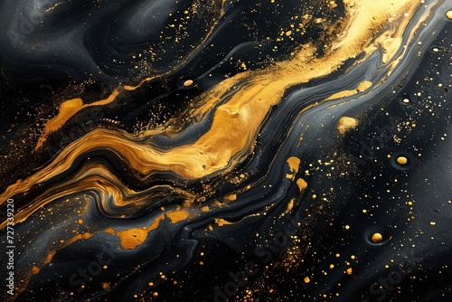 Abstract luxury fusion with black and gold liquid  gold splatters. Nature s abstract beauty captured in a fluid masterpiece of black and gold  splashed with shimmering droplets of liquid gold.