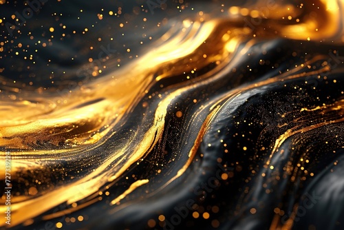 Abstract luxury fusion with black and gold liquid, gold splatters. Nature's abstract beauty captured in a fluid masterpiece of black and gold, splashed with shimmering droplets of liquid gold.