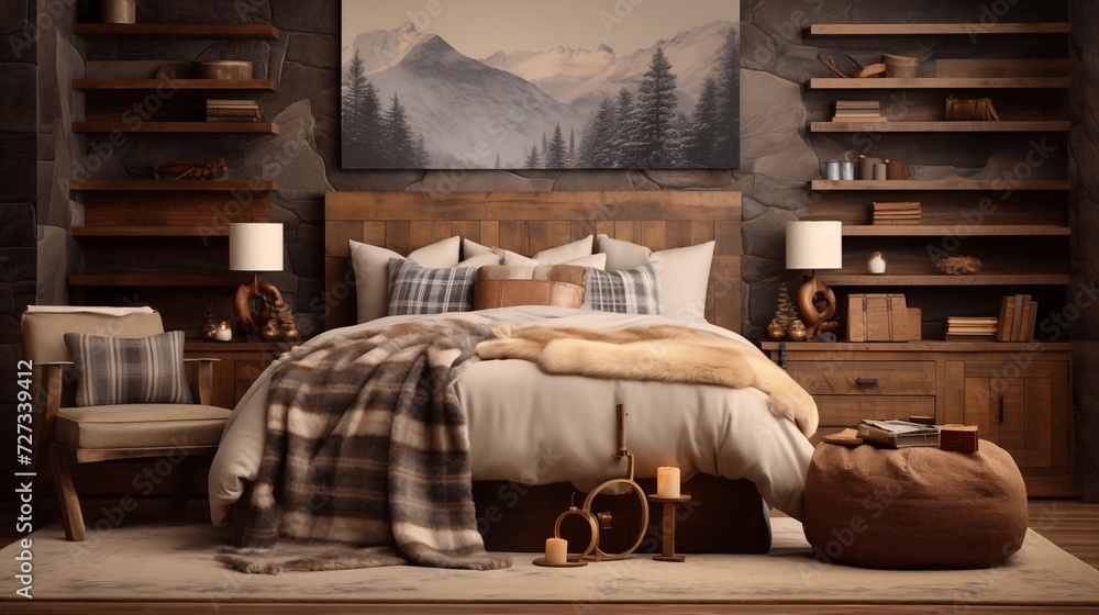 Create a rustic cabin-inspired bedroom with natural wood elements, cozy textiles, and earthy tones to evoke a warm and inviting retreatar Create a rustic cabin-inspired bedroom with natural wood elements, cozy textiles, and earthy tones to evoke a warm and inviting retreatar