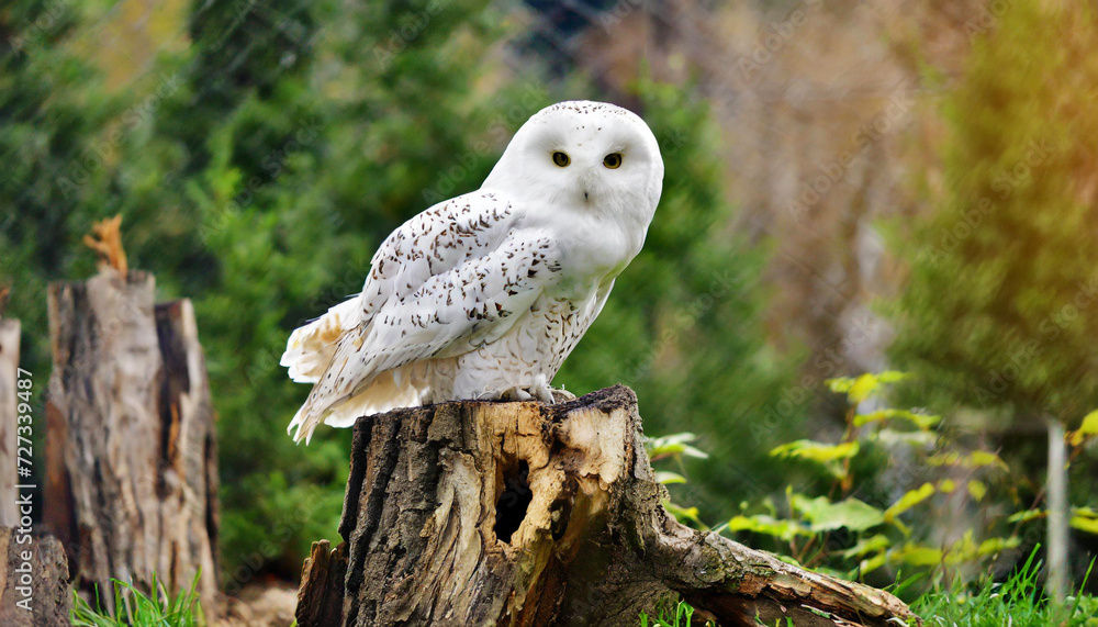Fototapeta premium white Owl sits on a trunk 