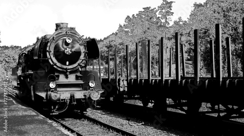 An impressive old black steam locomotive from Germany is operated on special days on the track from Beekbergen to Loenen in the Netherlands. Black and white photo photo