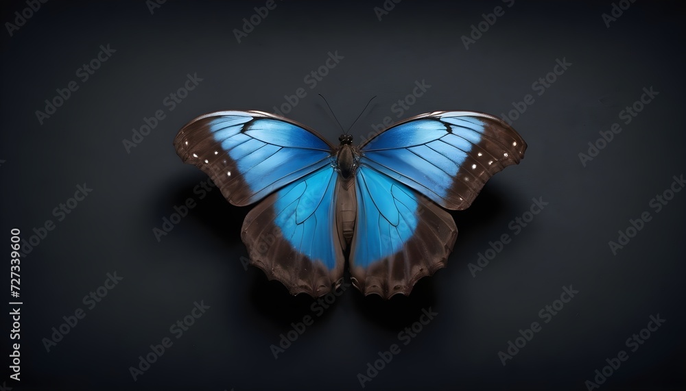 Fototapeta premium Blue and black butterfly on dark surface 