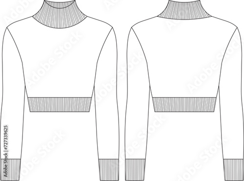ribbed turtleneck high neck long sleeve crop cropped sweater template technical drawing flat sketch cad mockup fashion woman design style model
