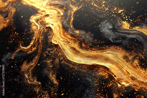 Abstract luxury fusion with black and gold liquid, gold splatters. Nature's abstract beauty captured in a fluid masterpiece of black and gold, splashed with shimmering droplets of liquid gold.