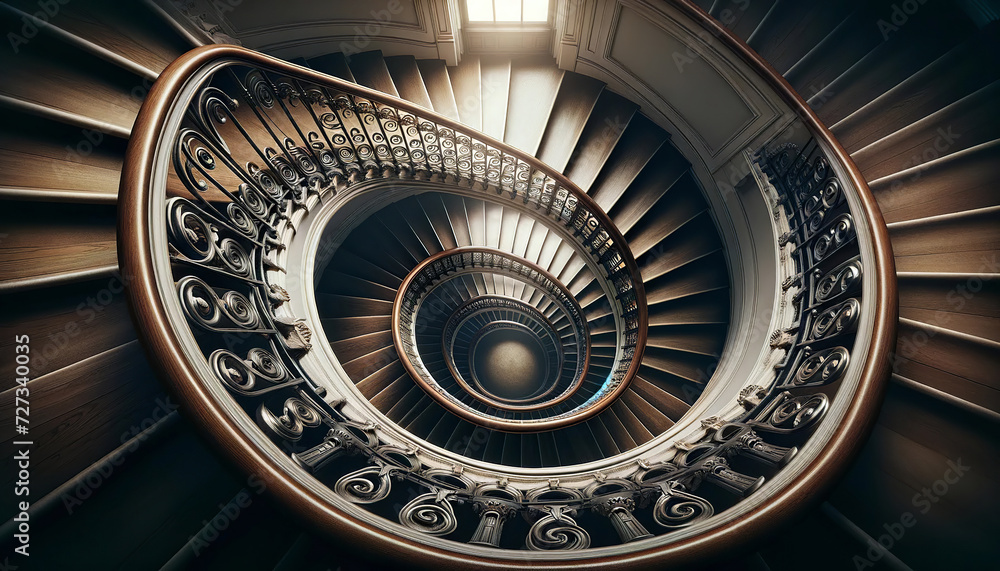 Spiral staircase with intricate wrought iron railings descends in perfect Fibonacci sequence, uniting architecture and art in a harmonious symmetrical pattern.Concept of interior design.AI generated.