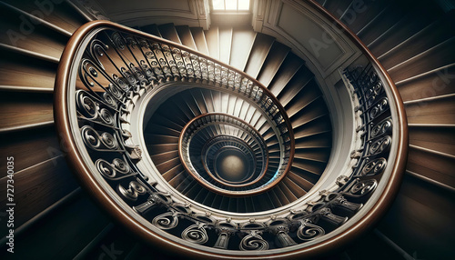 Spiral staircase with intricate wrought iron railings descends in perfect Fibonacci sequence, uniting architecture and art in a harmonious symmetrical pattern.Concept of interior design.AI generated.