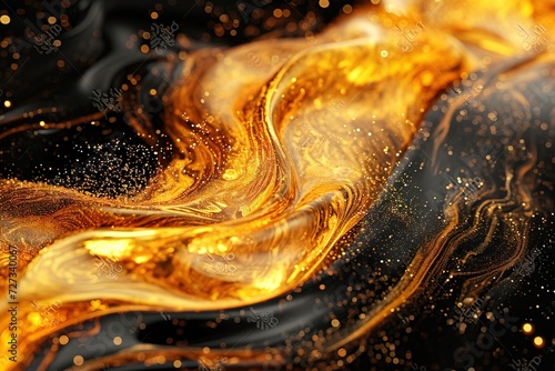 Abstract luxury fusion with black and gold liquid, gold splatters. Nature's abstract beauty captured in a fluid masterpiece of black and gold, splashed with shimmering droplets of liquid gold.