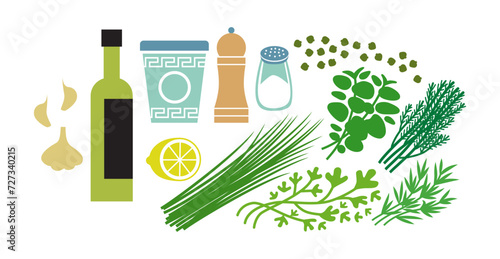 Green goddess dressing fresh raw ingredients set. Flat vector illustration isolated on white background.