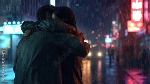 Romantic Couple Hugging and Kissing under the Rain at Night