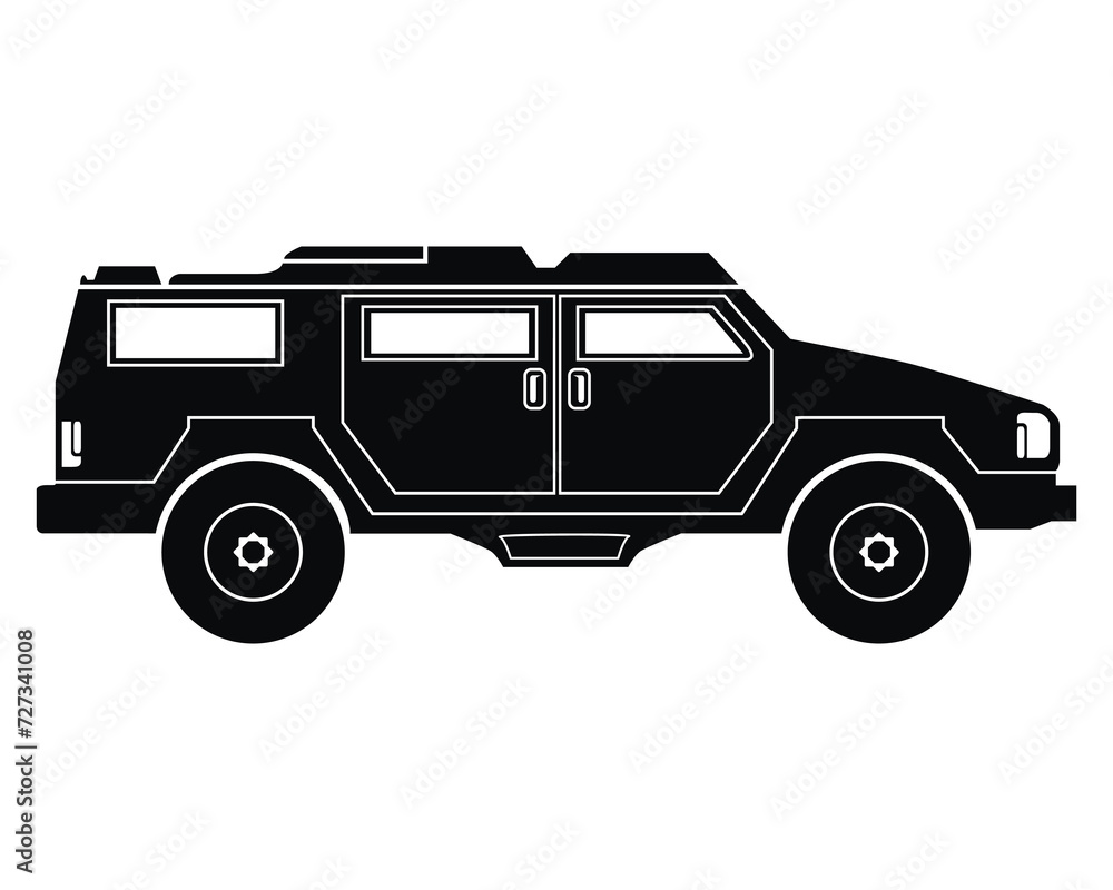 Armored military vehicle silhouette. Black icon. War and army symbols. Vector illustration isolated on white background.