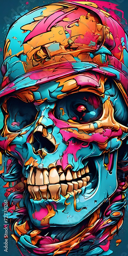 Ready to print colourful graffiti illustration of A SKULL FACE and a basecap