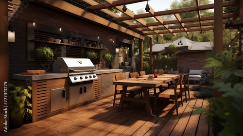 Create an outdoor kitchen with a grill, counter space, and dining area for entertaining guestsar