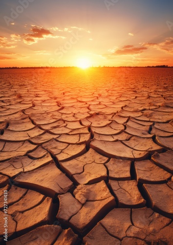 Texture of dry cracked ground surface with sunset light, climate change. Generative Ai.