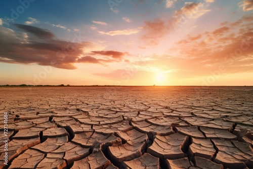 Texture of dry cracked ground surface with sunset light, climate change. Generative Ai.