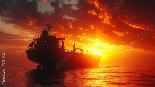 The dramatic silhouette of a cargo ship against the setting sun, a testament to the beauty of industrial might.