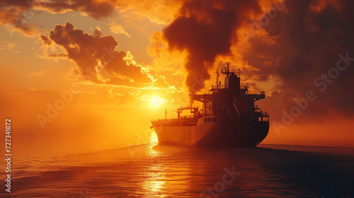 The dramatic silhouette of a cargo ship against the setting sun, a testament to the beauty of industrial might.