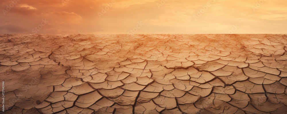 Texture of dry cracked ground surface with sunset light, climate change, banner panorama. Generative Ai.
