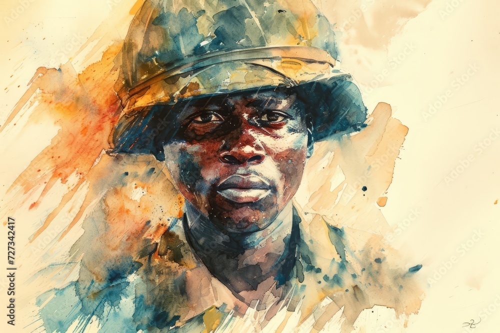 Nigerian soldier portrait Illustration close up. Modern soldier of Nigeria watercolor colors Illustration