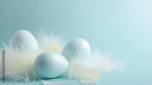 Easter background white feathers and blue eggs